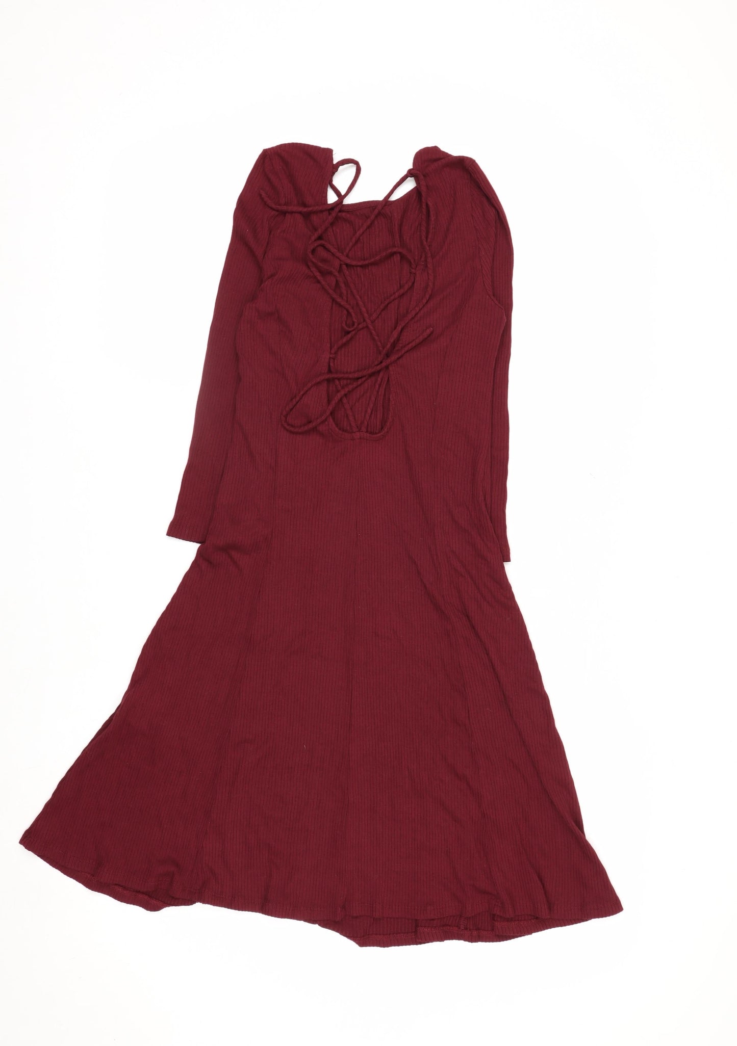 Forever 21 Women Red Fit & Flare Lace Up Long Sleeve Dress Size S