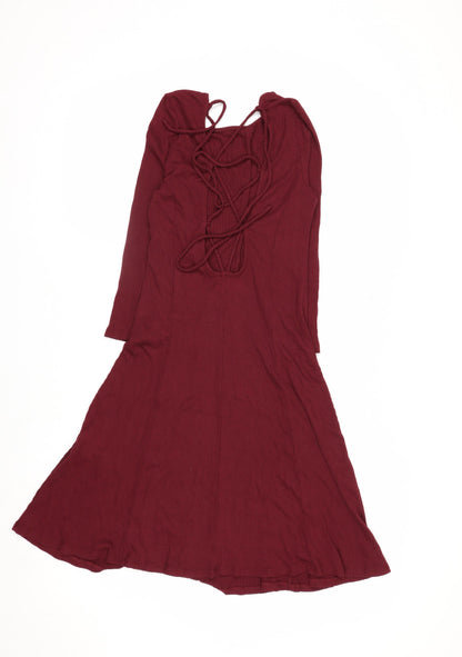 Forever 21 Women Red Fit & Flare Lace Up Long Sleeve Dress Size S