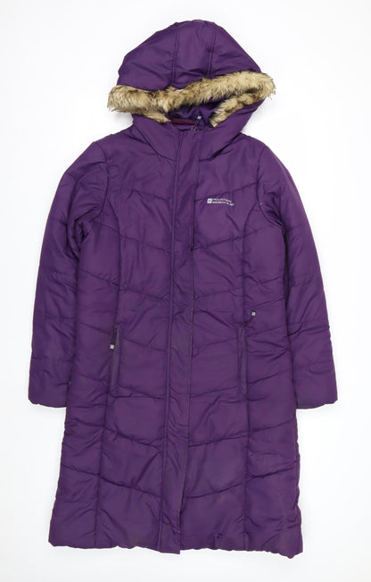 Mountain Warehouse Womens Purple Long Puffer Coat Size 12 Hooded Faux Fur Trim Winter Jacket
