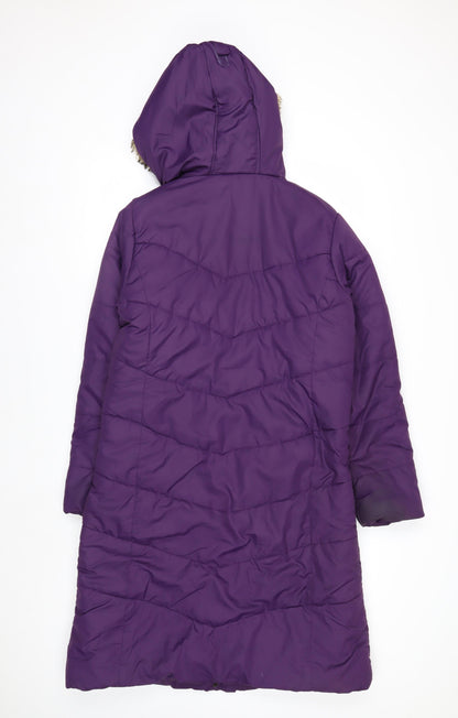 Mountain Warehouse Womens Purple Long Puffer Coat Size 12 Hooded Faux Fur Trim Winter Jacket