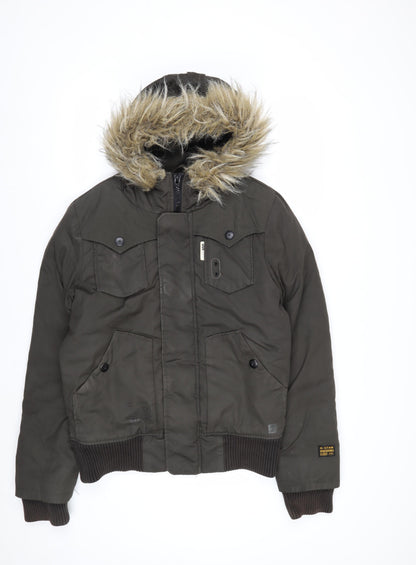 G-Star RAW Men's Green Hooded Bomber Jacket M Faux Fur Trim Winter