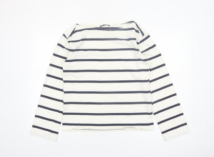 ZARA Women White Striped Long Sleeve Boat Neck Cotton T-Shirt Size 8