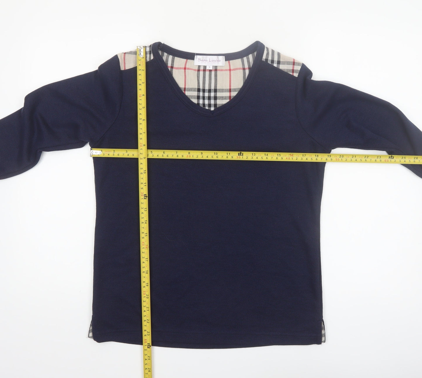 Sara Louise Womens Blue Check Trim Long Sleeve V-Neck T-Shirt Size S