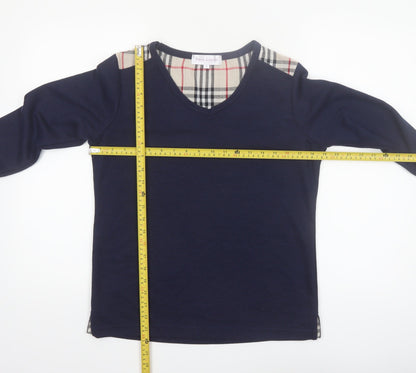 Sara Louise Womens Blue Check Trim Long Sleeve V-Neck T-Shirt Size S