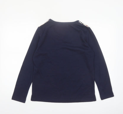 Sara Louise Womens Blue Check Trim Long Sleeve V-Neck T-Shirt Size S