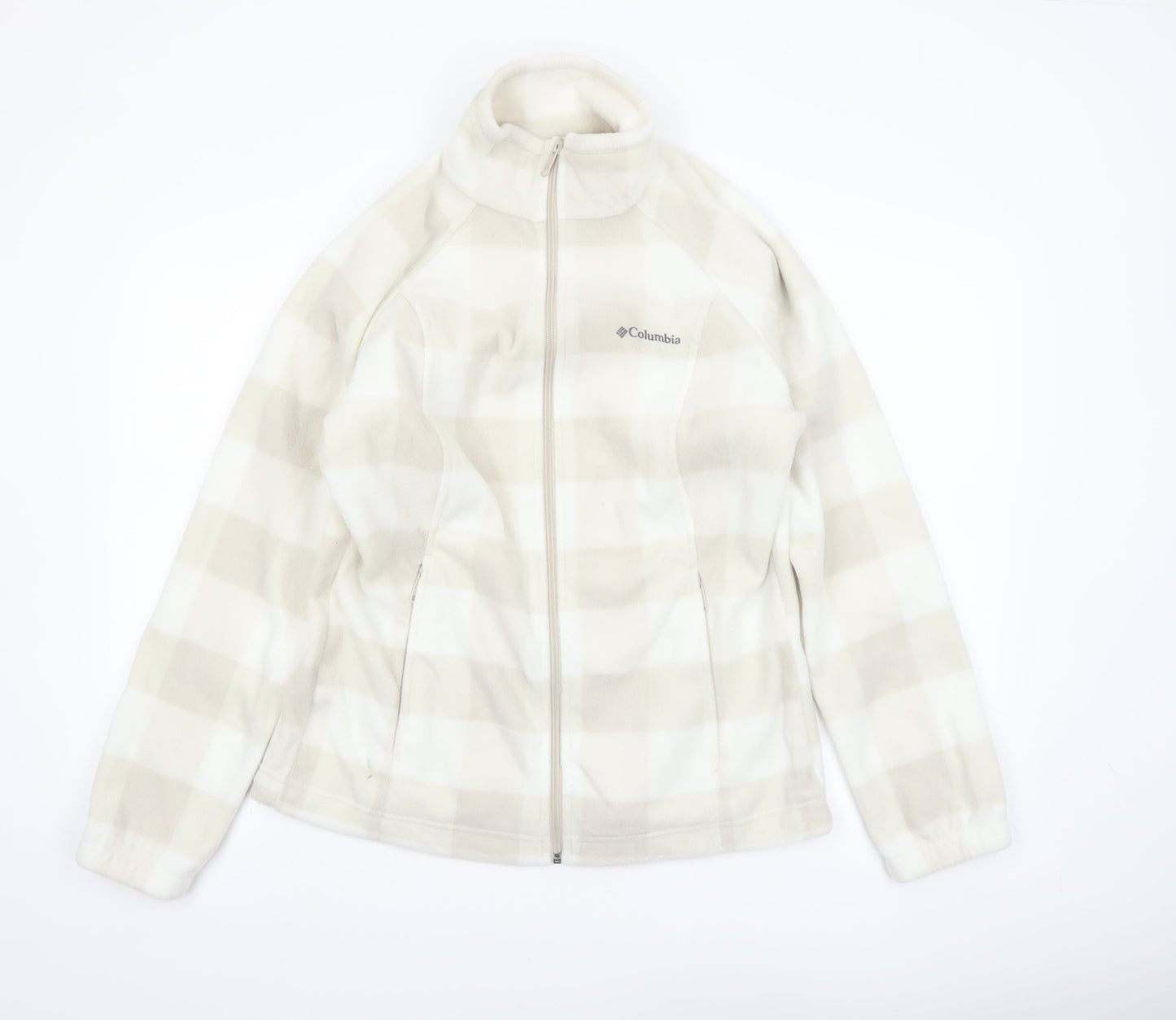 Columbia Women Beige Check Fleece Full Zip Jacket Size L