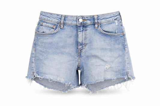 Front view of &Denim women’s blue, size UK 8, cut-off stretch denim shorts