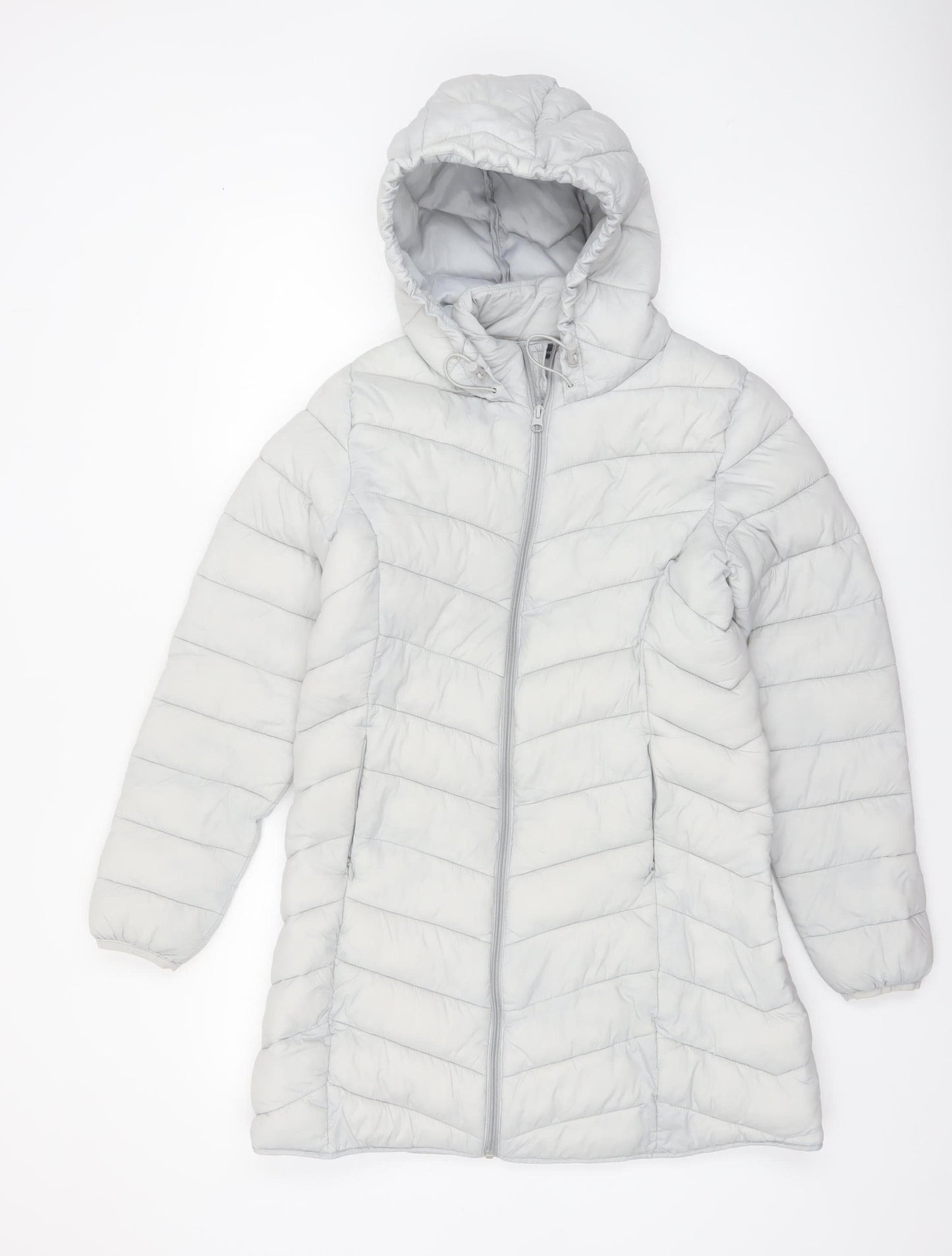 George Women’s Grey Puffer Jacket Hooded S 8-10 Quilted Mid-Length