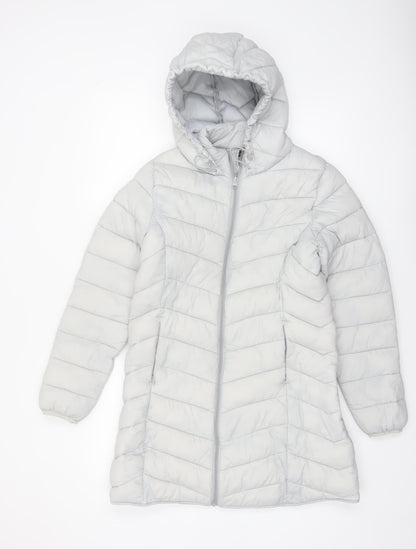 George Women’s Grey Puffer Jacket Hooded S 8-10 Quilted Mid-Length