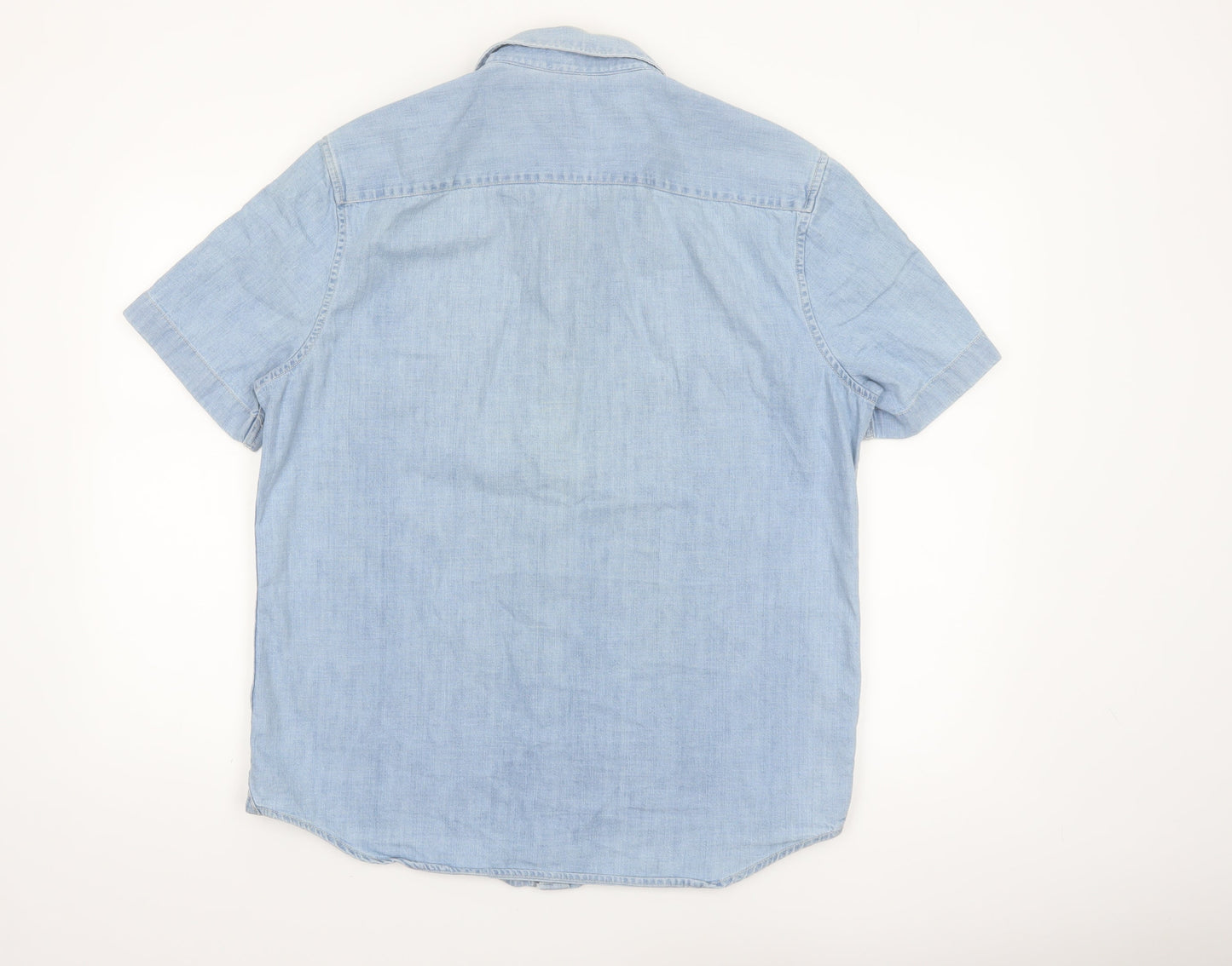 Marks and Spencer Men's Blue Cotton Short Sleeve Button-Up Shirt Size L