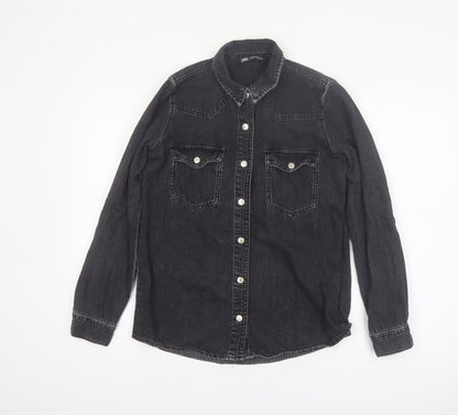 Zara Women's Black Denim Button-Up Shirt XS Regular Fit