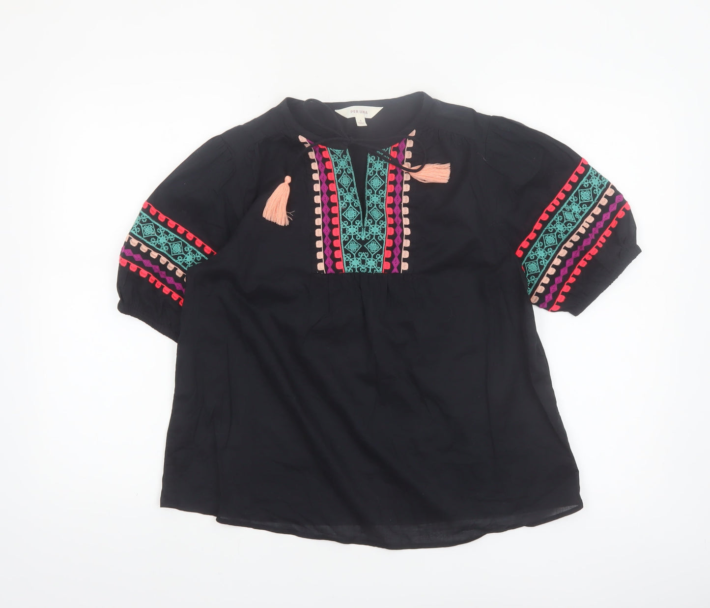 Marks and Spencer Per Una Womens Black Embroidered Bohemian Cotton Blouse Size 6