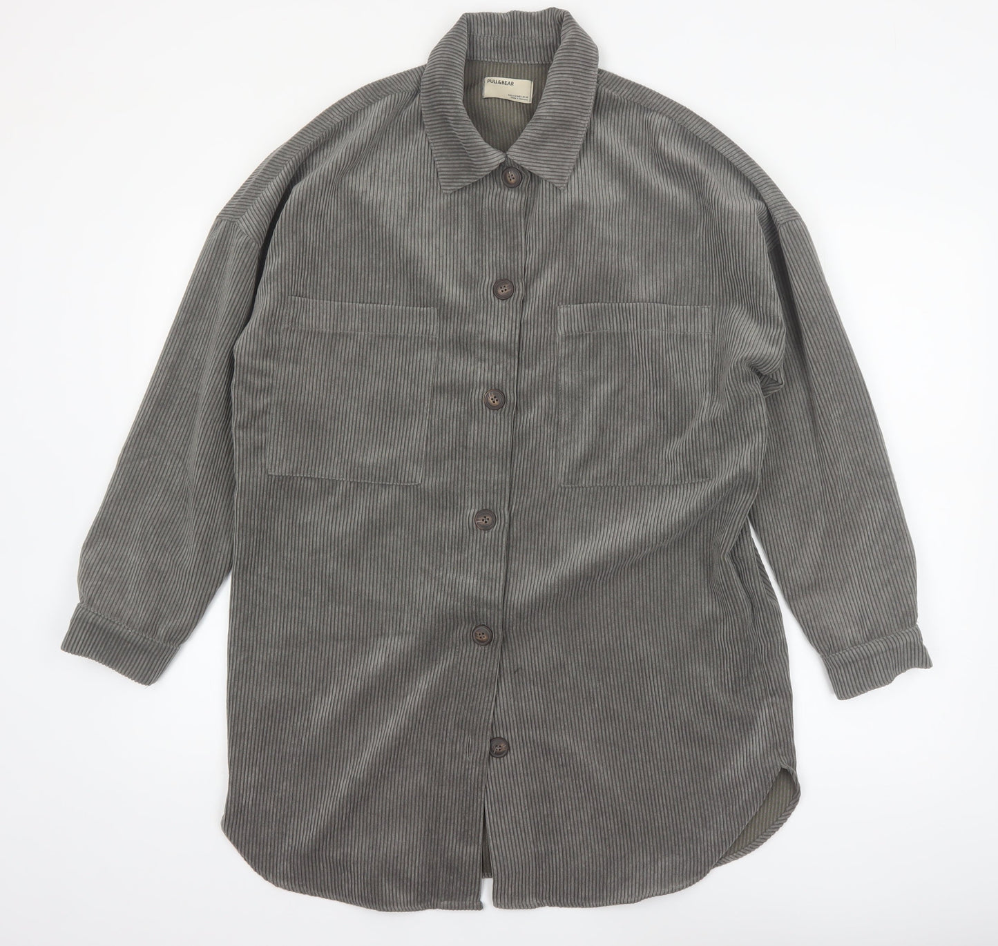 Pull&Bear Men's Grey Corduroy Button-Up Long Sleeve Shirt S