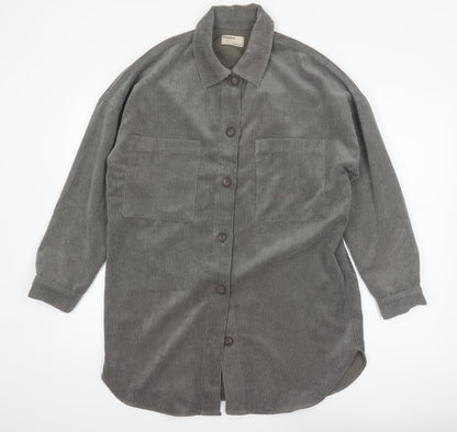 Pull&Bear Men's Grey Corduroy Button-Up Long Sleeve Shirt S