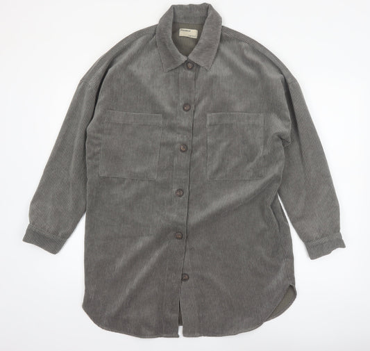 Pull&Bear Men's Grey Corduroy Button-Up Long Sleeve Shirt S
