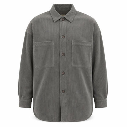 Pull&Bear Men's Grey Corduroy Button-Up Long Sleeve Shirt S