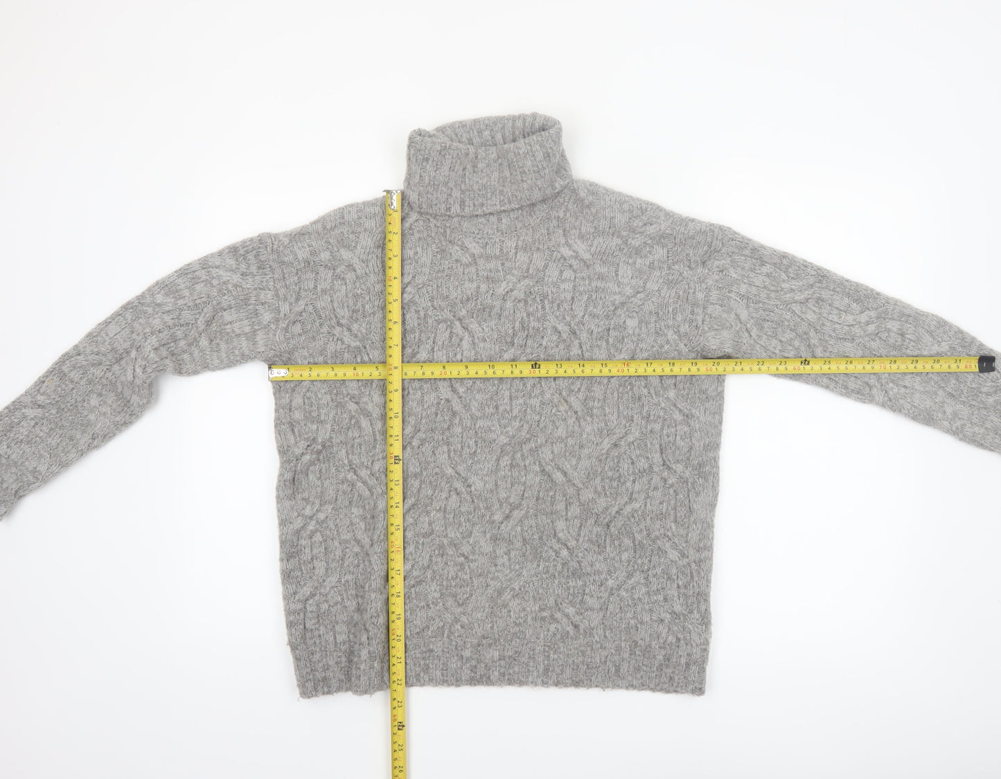 Marks and Spencer Women Grey Roll Neck Cable-Knit Wool Blend Jumper Size S