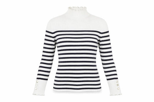 Et Vous Womens White Navy Striped Mock Neck Ribbed Jumper Size 12