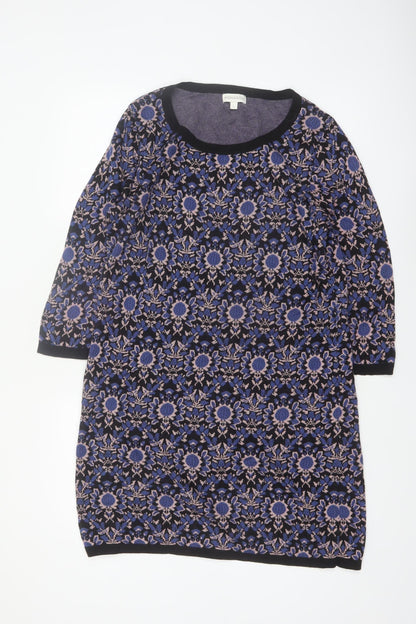 Monsoon Women Blue Floral Cotton Knit Shift Dress L