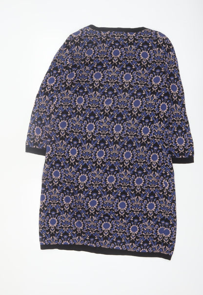 Monsoon Women Blue Floral Cotton Knit Shift Dress L