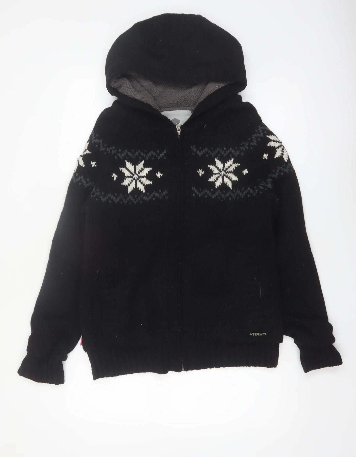 TOG24 Women's Black Fair Isle Full Zip Hooded Jumper Size 12