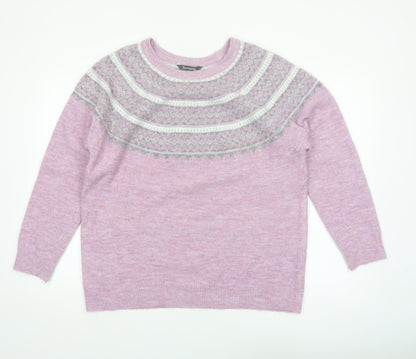 Bonmarché Women’s Pink Fair Isle Crew Neck Pullover Jumper Size 16