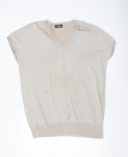 Wallis Womens Beige V-Neck Beaded Short Sleeve Jumper Size L