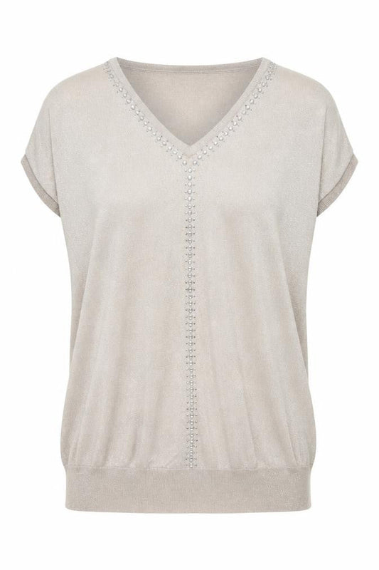 Wallis Womens Beige V-Neck Beaded Short Sleeve Jumper Size L