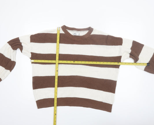 Hollister Women Brown & Ivory Striped Cotton Pullover Jumper M