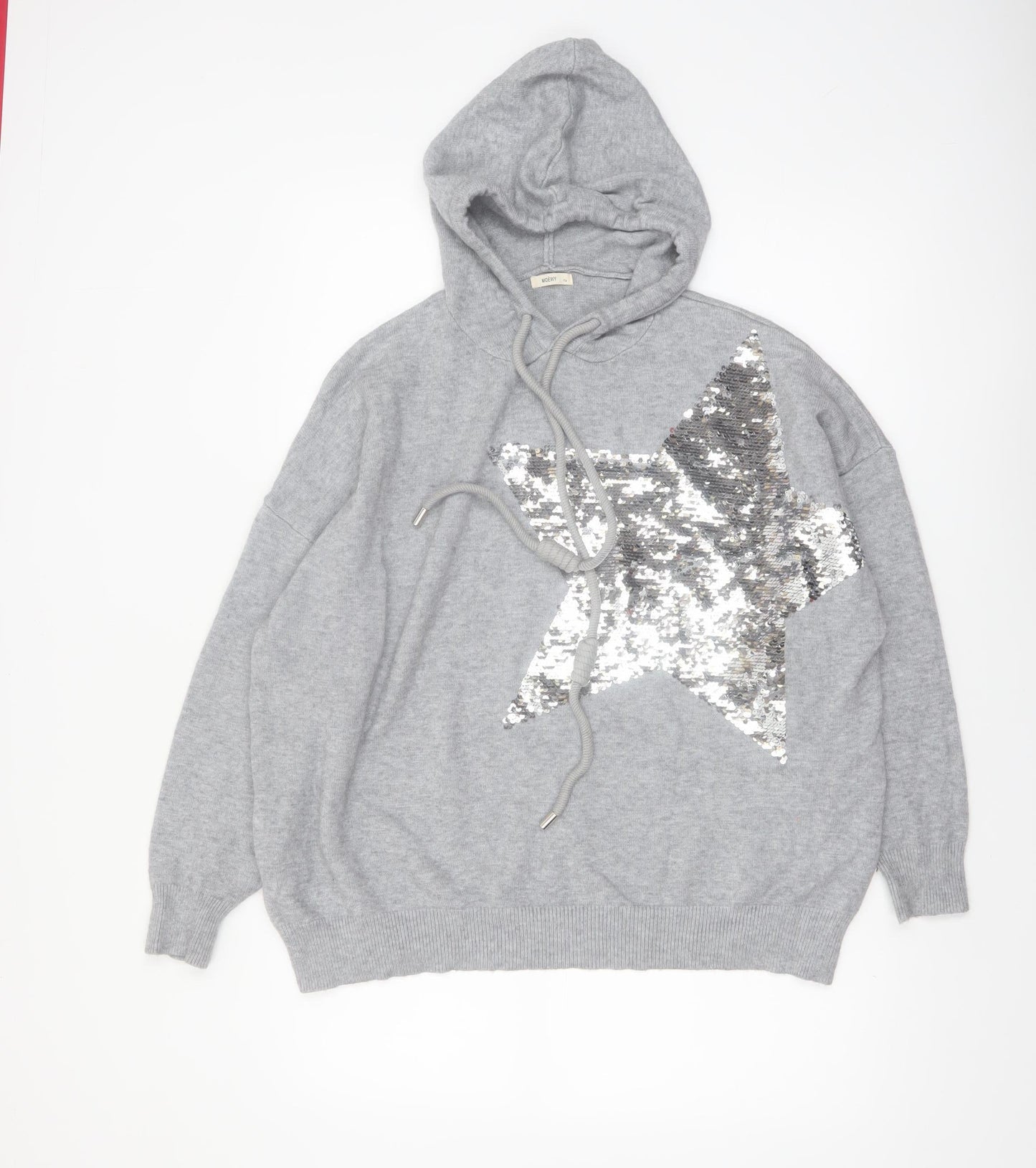 MOEWY Women’s Grey Sequin Star Hooded Pullover Jumper One Size