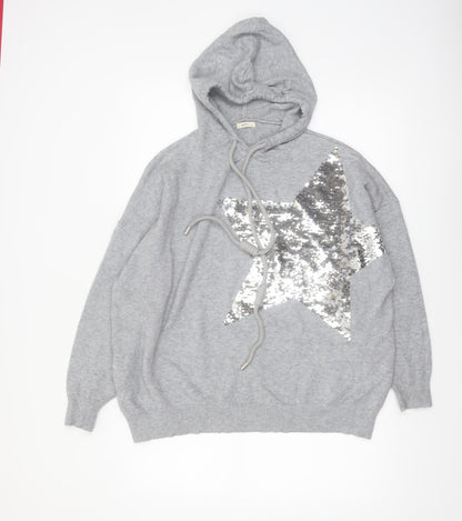 MOEWY Women’s Grey Sequin Star Hooded Pullover Jumper One Size