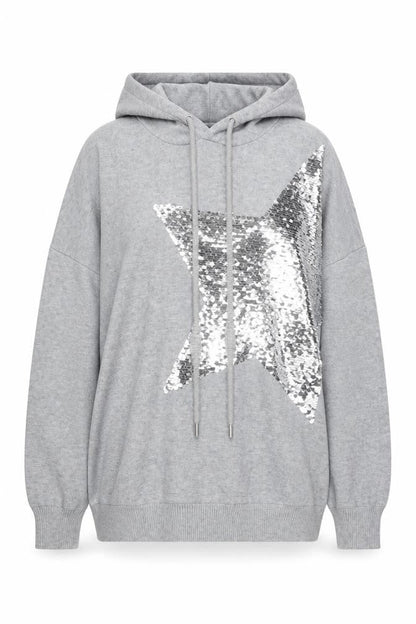 MOEWY Women’s Grey Sequin Star Hooded Pullover Jumper One Size