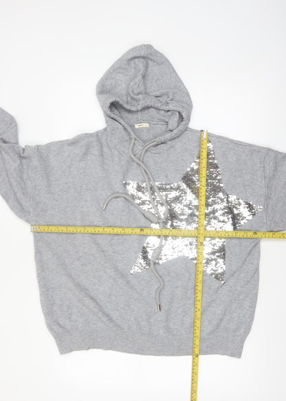 MOEWY Women’s Grey Sequin Star Hooded Pullover Jumper One Size
