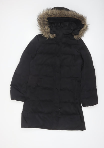Down Collection Womens Black Long Puffer Coat Hooded Fur Trim Size S