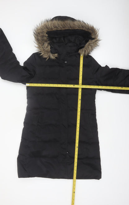 Down Collection Womens Black Long Puffer Coat Hooded Fur Trim Size S