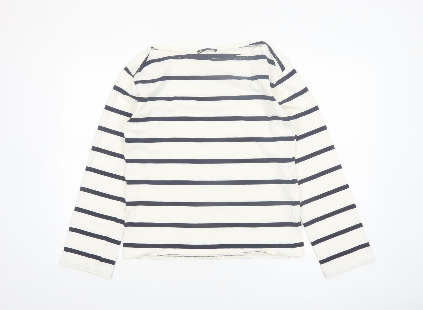 Zara Women White Striped Boat Neck Long Sleeve Pullover Size 8