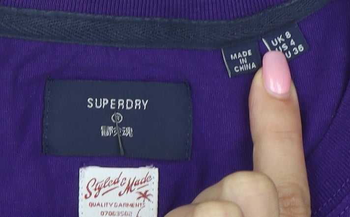 Superdry Womens Purple Logo T-Shirt UK 8 Short Sleeve Cotton Top