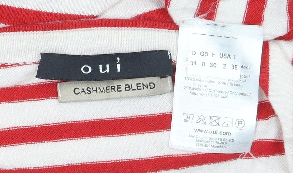 Oui Women Red Striped Boat Neck Cashmere Blend Long Sleeve Top Size 10