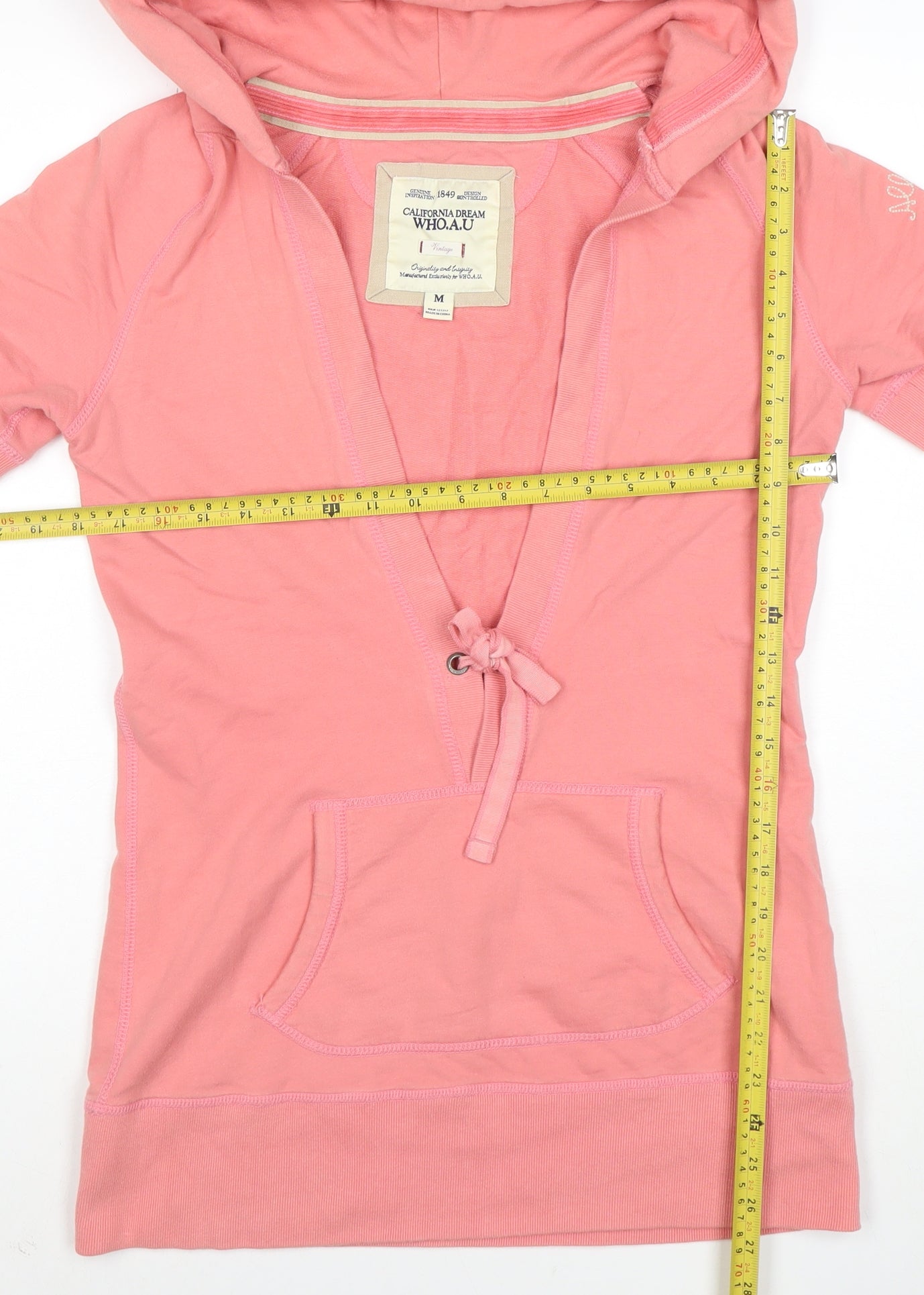 WHO.A.U Women Pink Cotton Short Sleeve Hooded Pullover M