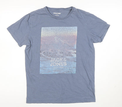 Jack & Jones Men's Blue Graphic Print Crew Neck Cotton T-Shirt Size M