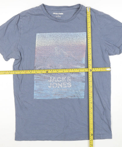 Jack & Jones Men's Blue Graphic Print Crew Neck Cotton T-Shirt Size M