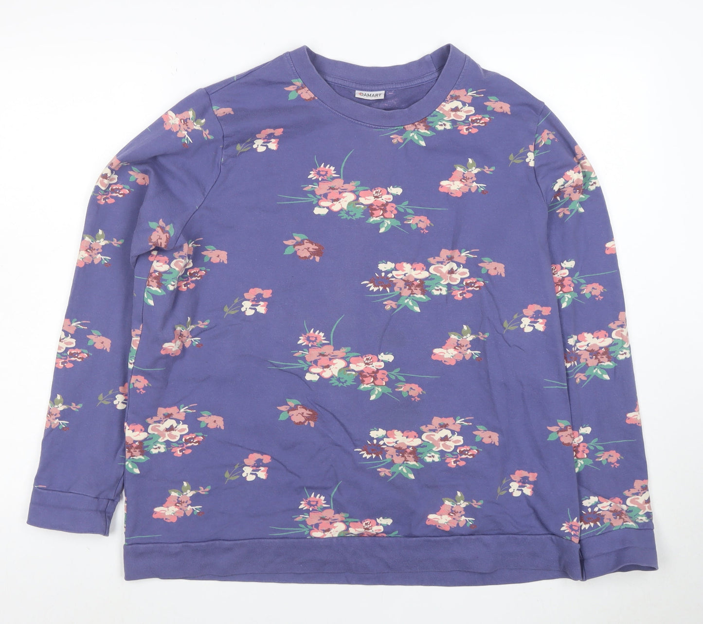 Damart Womens Blue Floral Pullover Sweatshirt L Long Sleeve Cotton Blend