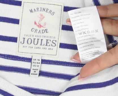 Joules Womens White Blue Striped 3/4 Sleeve Boat Neck Cotton Top UK 16