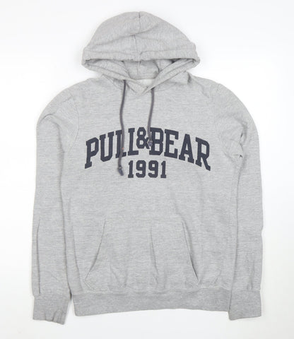 Pull&Bear Men Grey S Pullover Hoodie 1991 Graphic Logo Cotton Blend