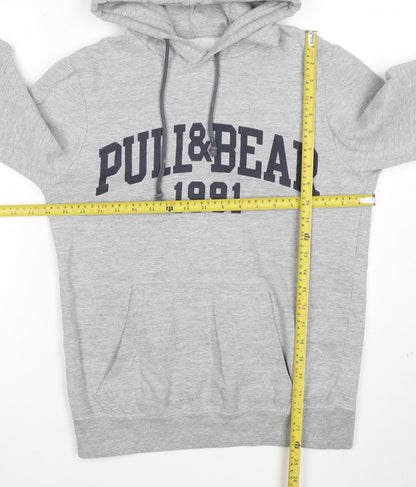 Pull&Bear Men Grey S Pullover Hoodie 1991 Graphic Logo Cotton Blend