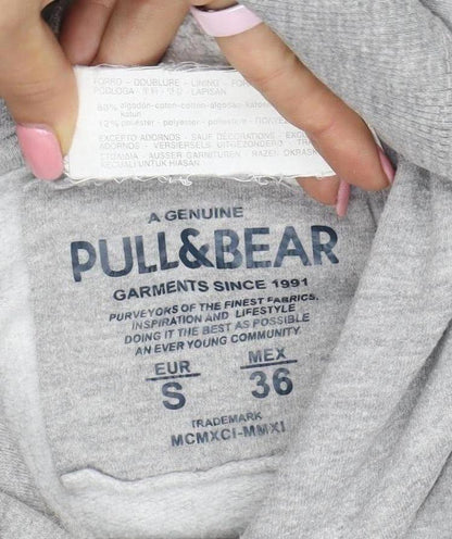 Pull&Bear Men Grey S Pullover Hoodie 1991 Graphic Logo Cotton Blend