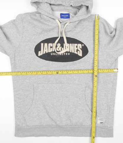 Jack & Jones Men’s Grey Pullover Hoodie L Graphic Fleece Sweatshirt