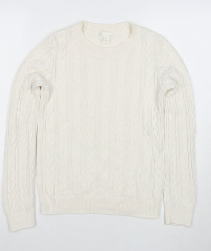 H&M Women Ivory Cable-Knit Cotton Blend Crew Neck Jumper XS