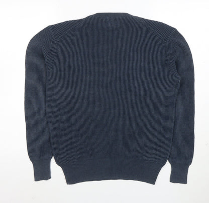 AllSaints Mens Blue Cotton Waffle-Knit Crew Neck Jumper XS