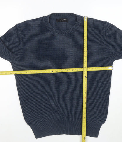 AllSaints Mens Blue Cotton Waffle-Knit Crew Neck Jumper XS